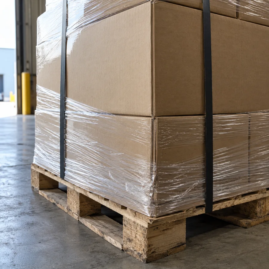 AI-generated illustrative close-up of secured freight, shrink wrap and a wooden pallet
